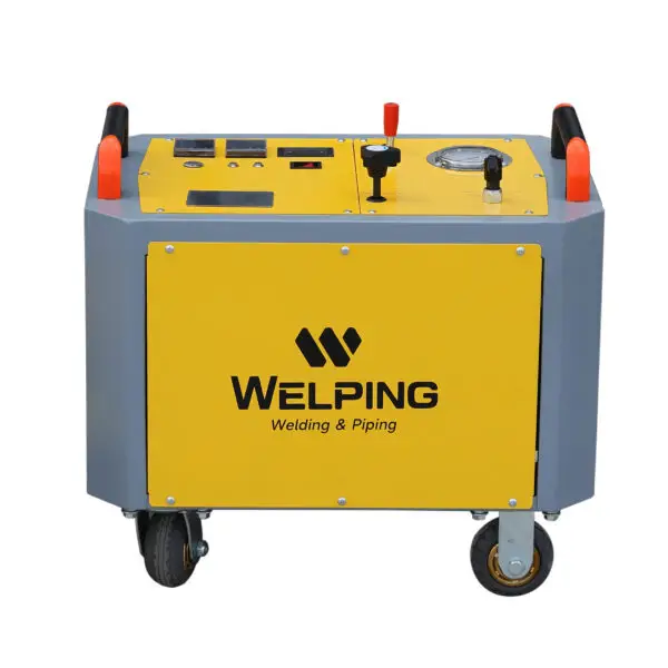Plastsvetsenhet på hjul från märket Welping med kontrollpanel och tryckmätare för svetsutrustning.